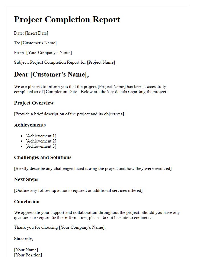 Letter template of project completion report for customers.