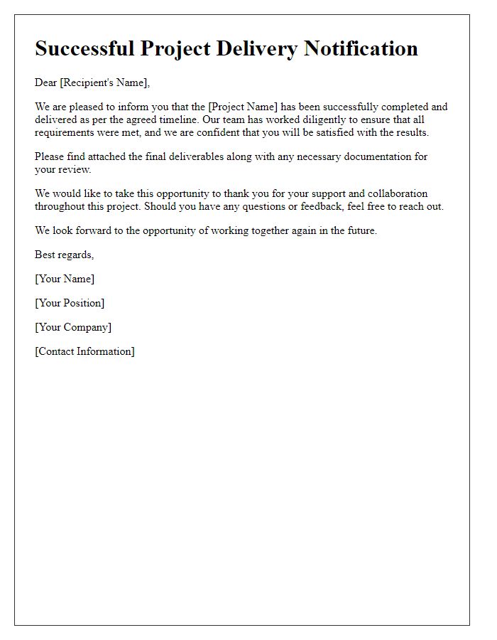 Letter template of successful project delivery notification.