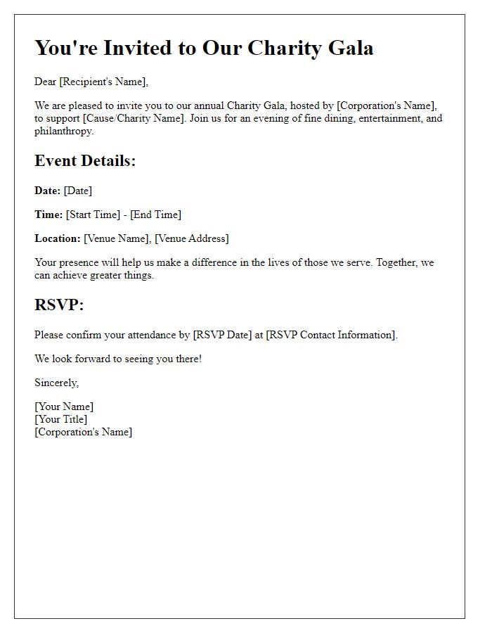 Letter template of invitation to a charity gala held by the corporation