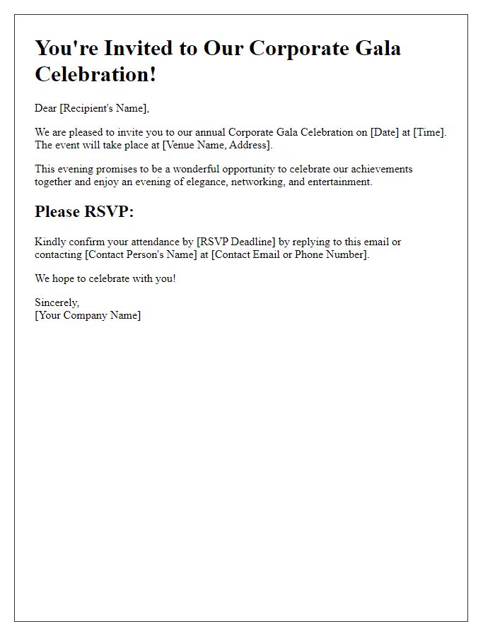 Letter template of RSVP invitation for corporate gala celebration