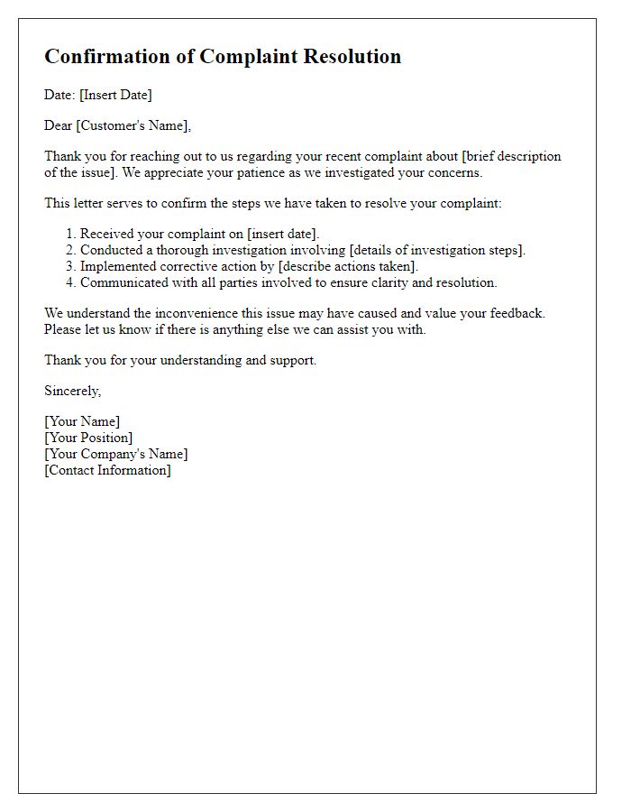Letter template of confirmation of complaint resolution steps taken