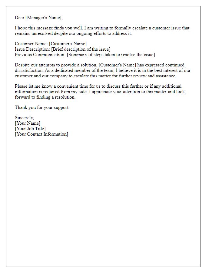 Letter template of escalation when resolving customer issues