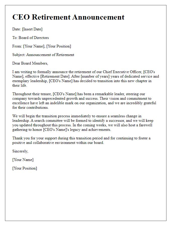 Letter template of CEO retirement announcement for board members