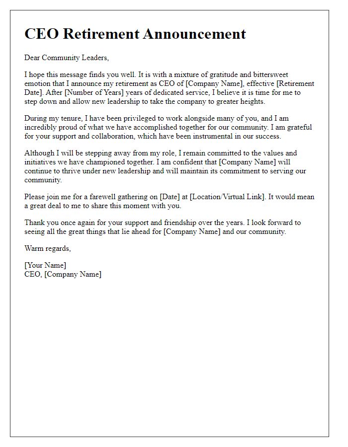 Letter template of CEO retirement announcement for community leaders