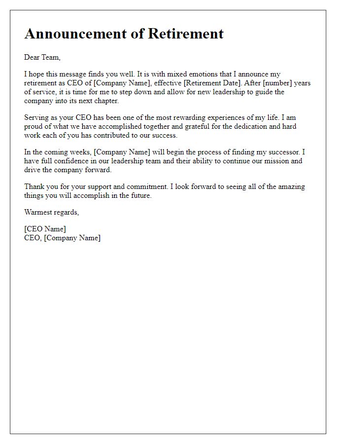 Letter template of CEO retirement announcement to employees