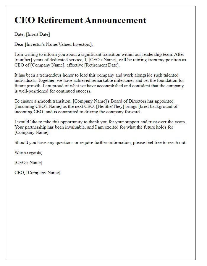 Letter template of CEO retirement announcement for investors