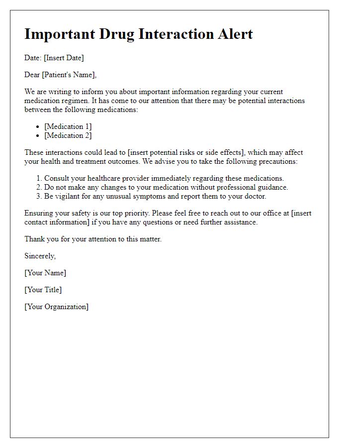 Letter template of alert concerning drug interaction risks