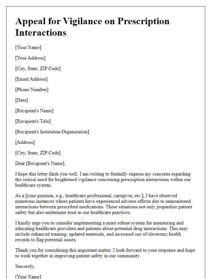 Letter template of appeal for vigilance on prescription interactions