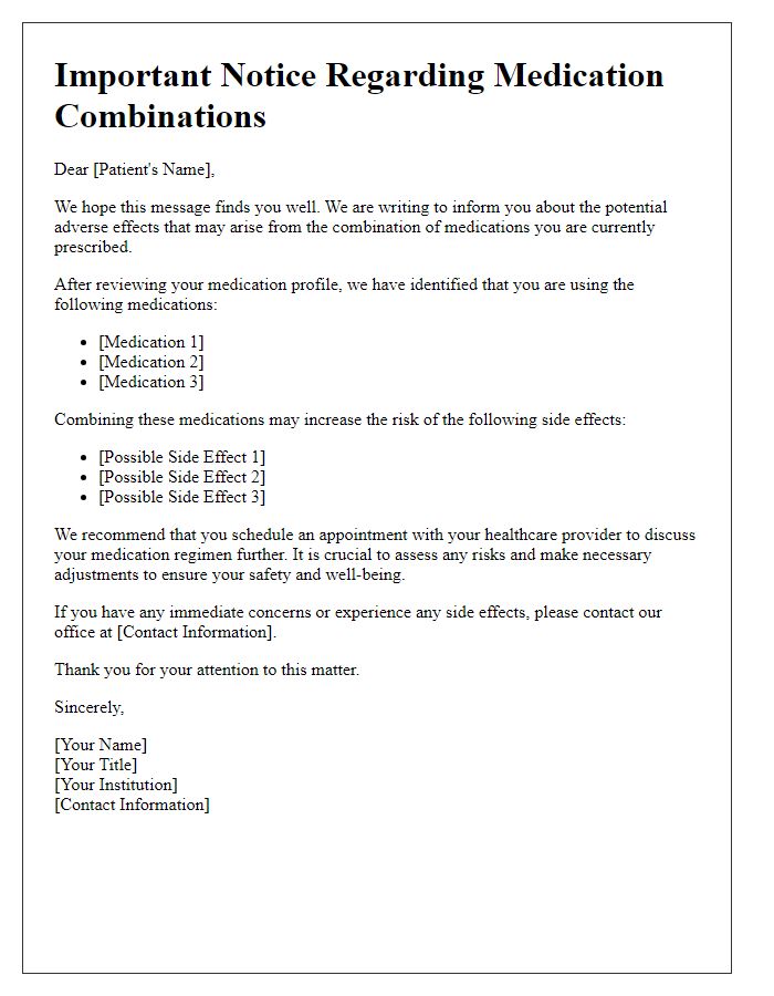 Letter template of notice about possible adverse effects from medication combinations