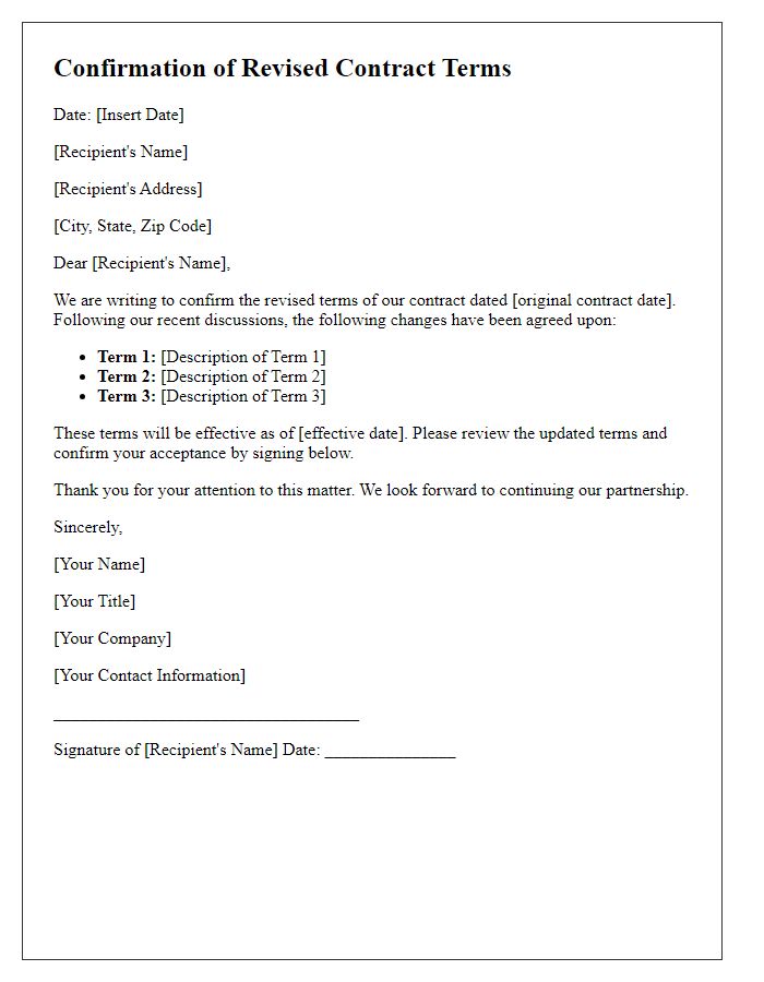 Letter template of confirmation for revised contract terms