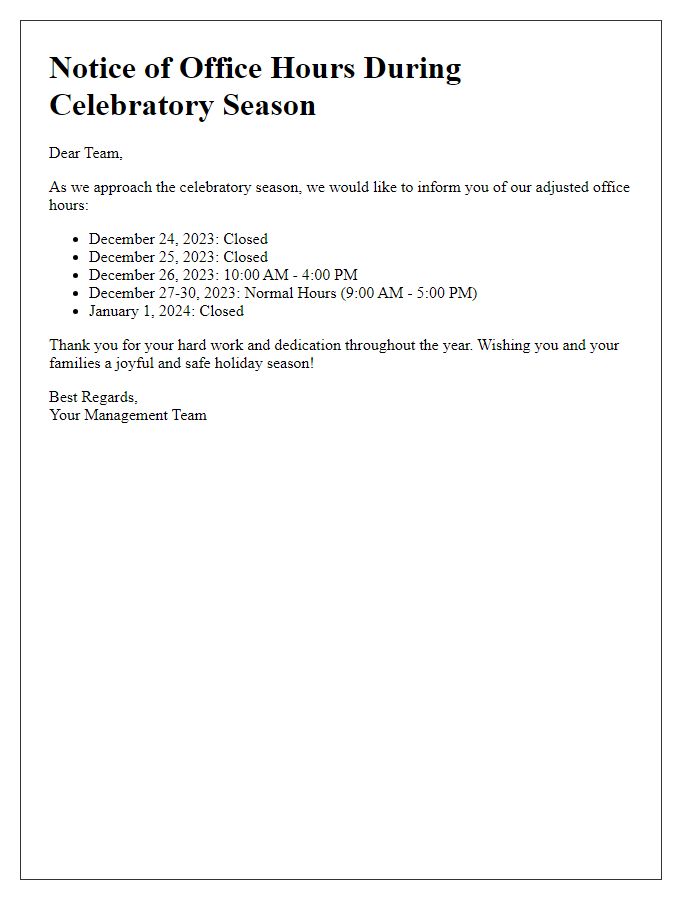 Letter template of celebratory season office hours notice