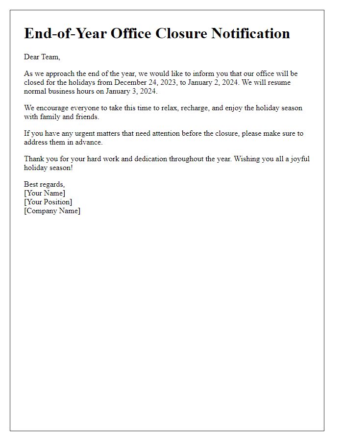 Letter template of end-of-year office closure message