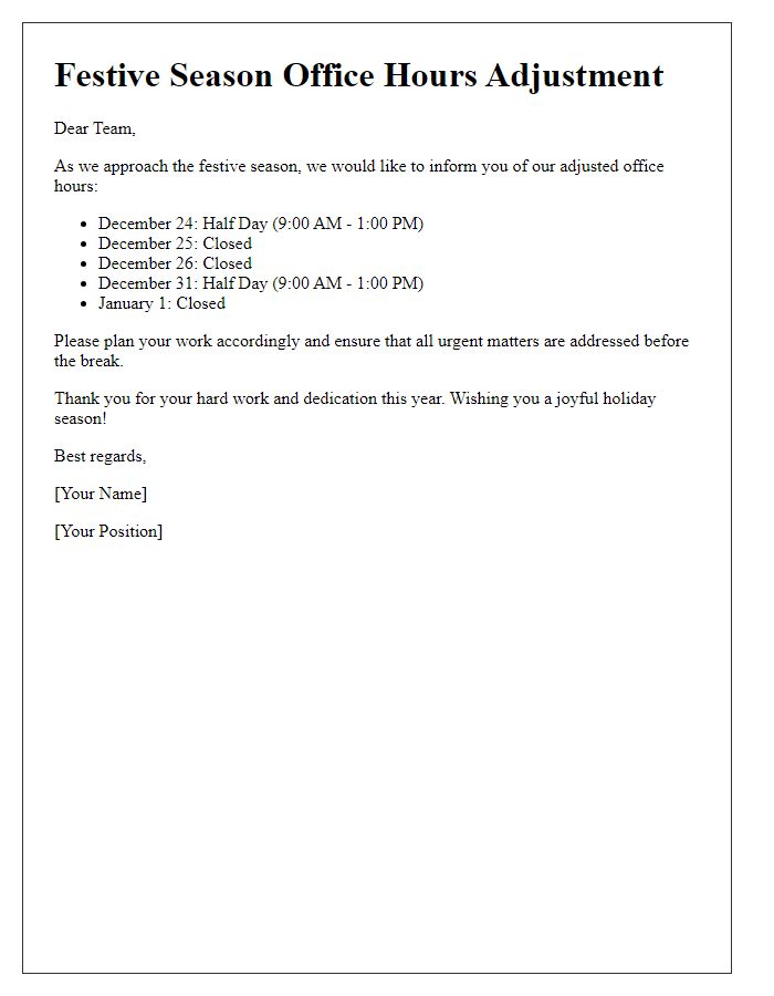 Letter template of festive season office hours adjustment