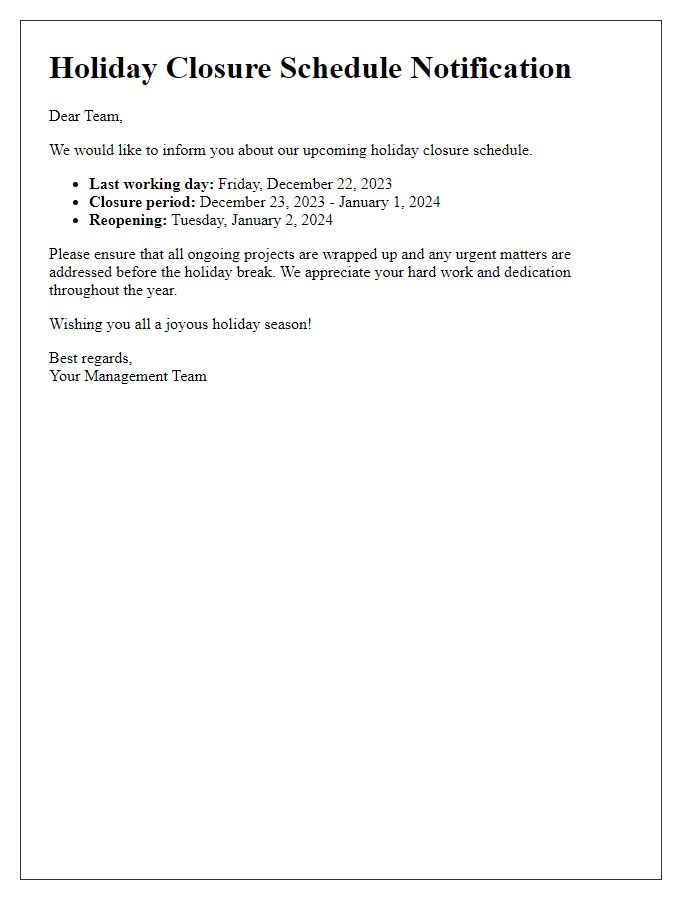 Letter template of holiday closure schedule for staff