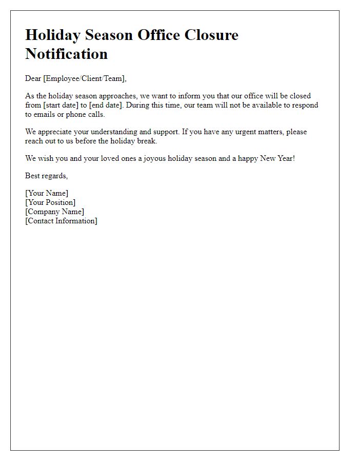 Letter template of holiday season office closure notification