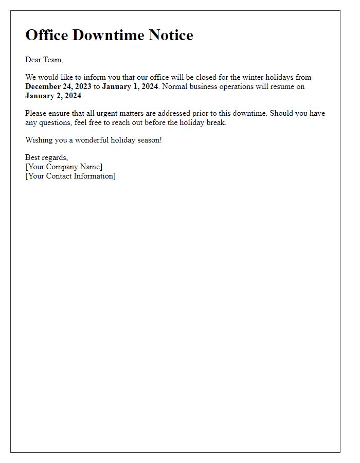 Letter template of winter holiday office downtime notice