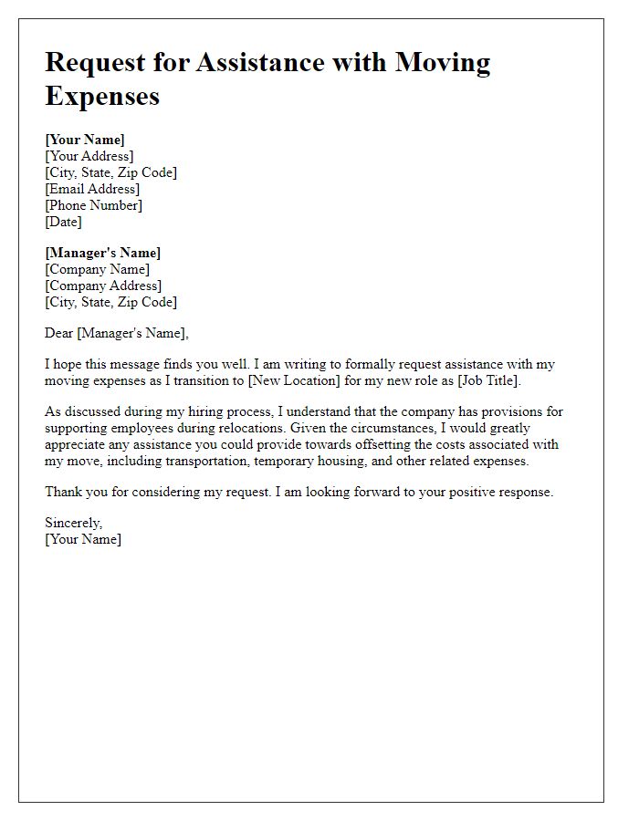 Letter template of assistance request for employee moving expenses