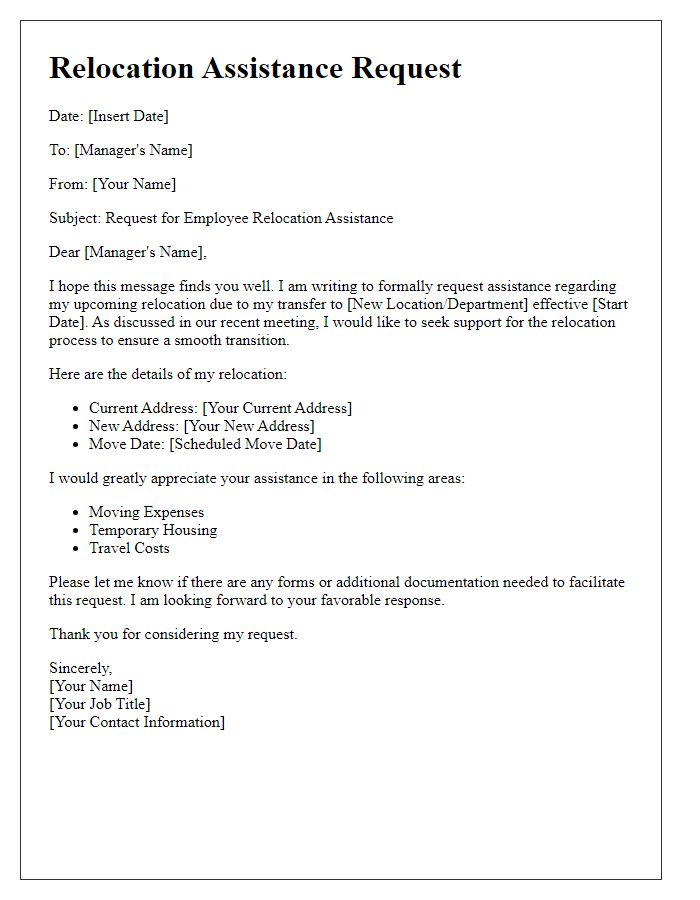 Letter template of official employee relocation assistance request