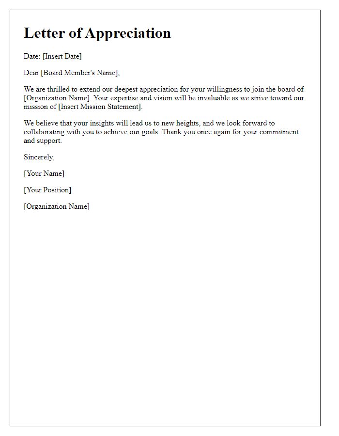 Letter template of appreciation for joining the board