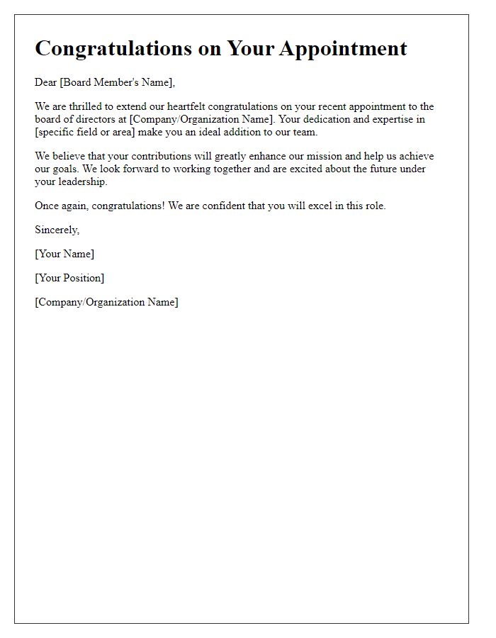 Letter template of congratulations for a newly appointed board member