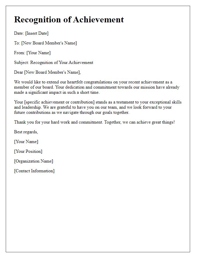 Letter template of recognition for a new board member's achievement