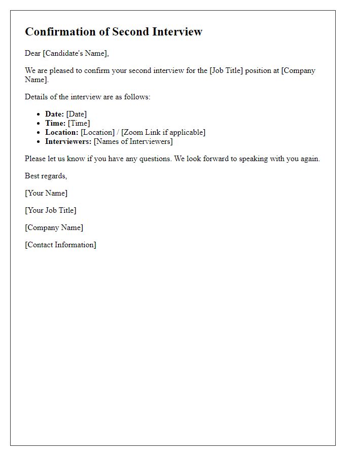 Letter template of confirmation for a second interview.