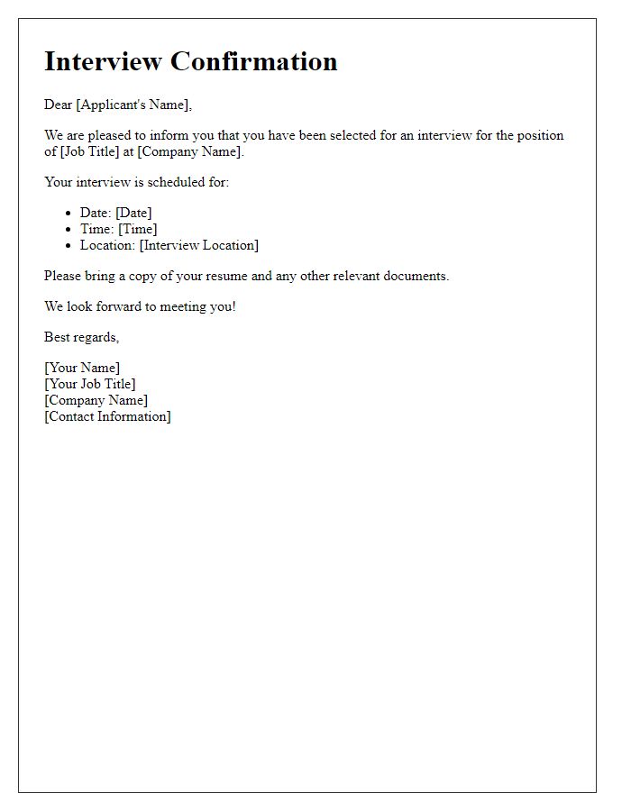 Letter template of interview confirmation for a job application.