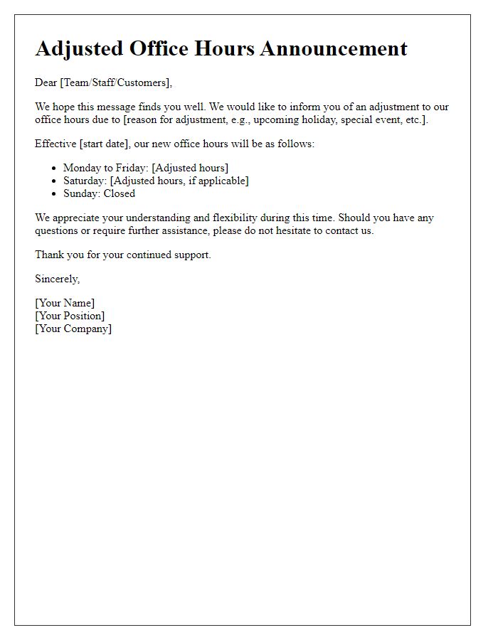 Letter template of adjusted office hours announcement