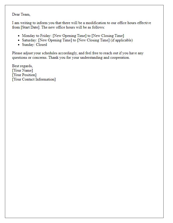 Letter template of office hours modification notification