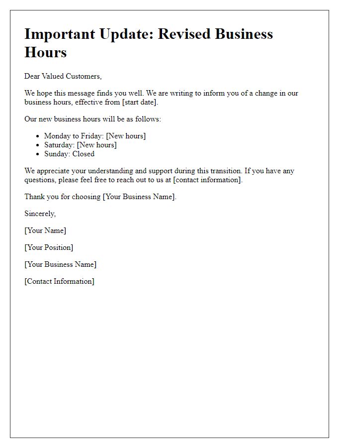 Letter template of revised business hours communication