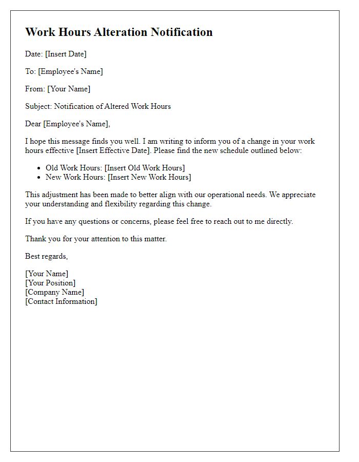 Letter template of work hours alteration notification