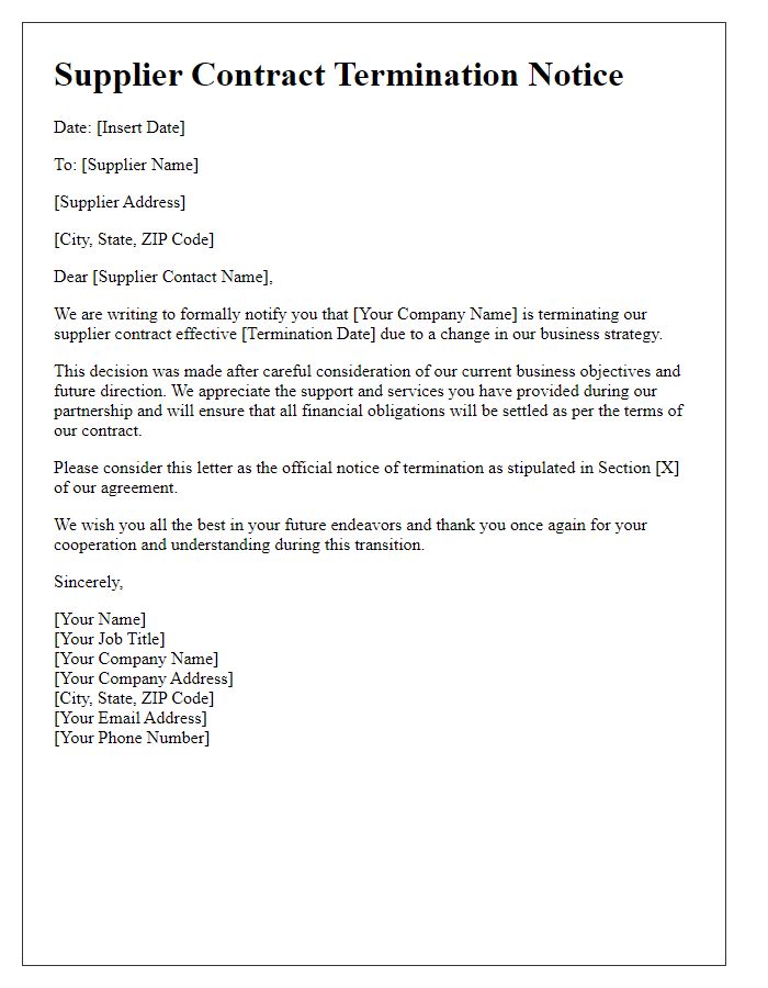 Letter template of Supplier Contract Termination Notice - Change of Business Strategy