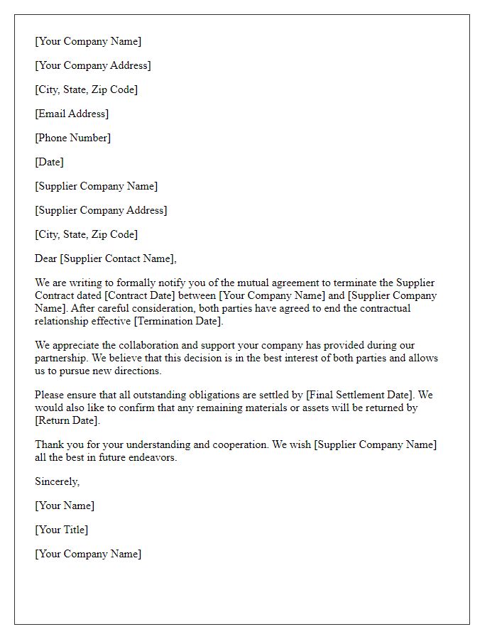 Letter template of Supplier Contract Termination Notice - Mutual Agreement