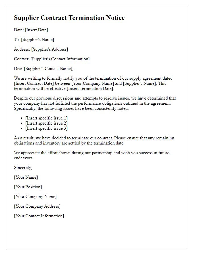 Letter template of Supplier Contract Termination Notice - Non-Performance Issues