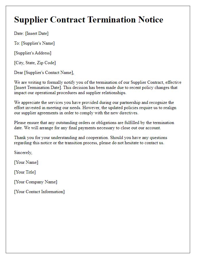 Letter template of Supplier Contract Termination Notice - Policy Change Impact