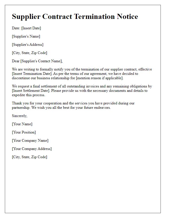 Letter template of Supplier Contract Termination Notice - Request for Final Settlement