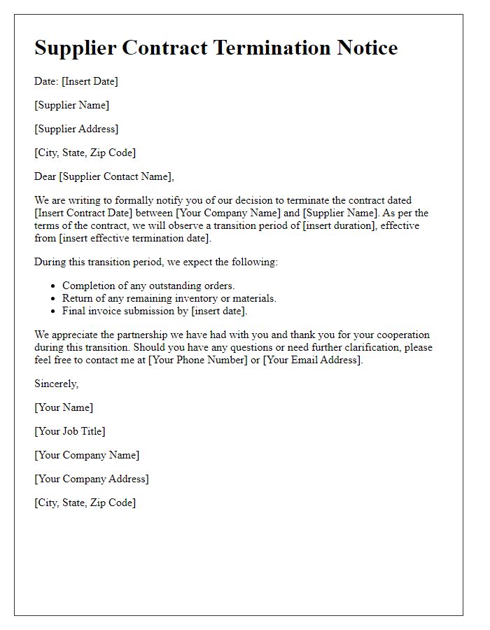 Letter template of Supplier Contract Termination Notice - Transition Period Notice