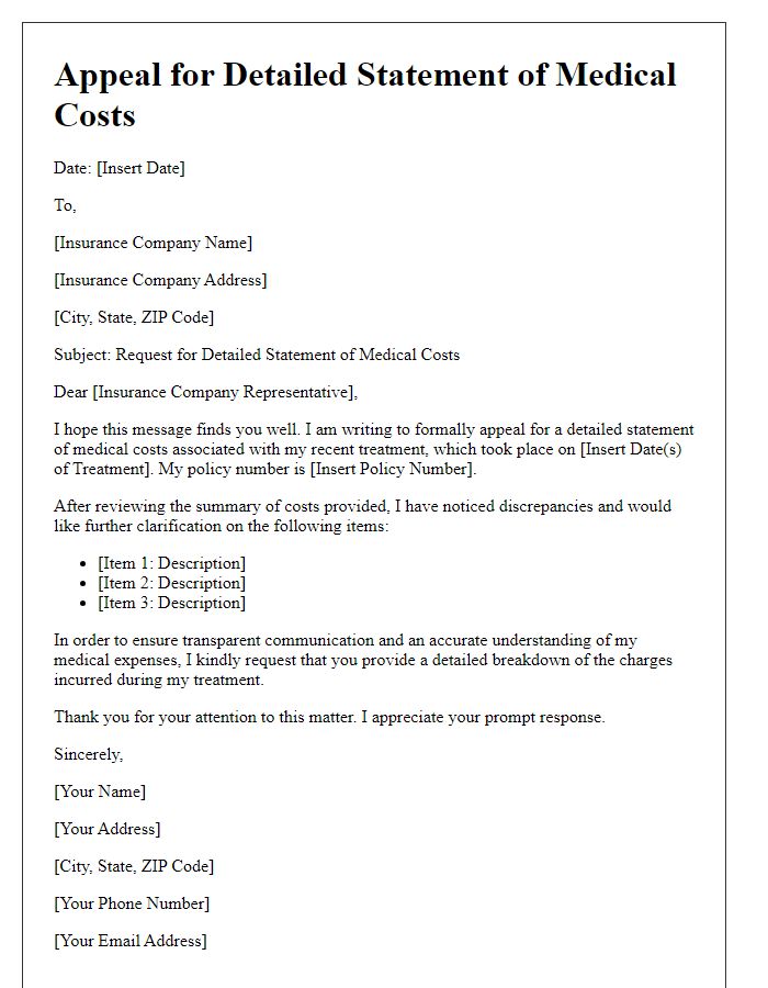 Letter template of appeal for detailed statement of medical costs