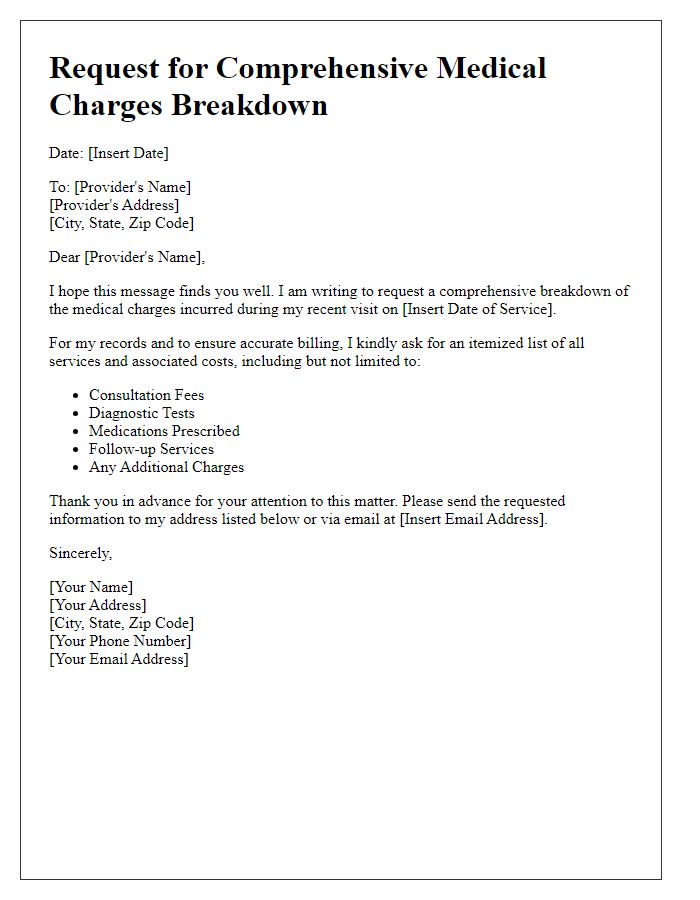 Letter template of solicitation for comprehensive medical charges breakdown