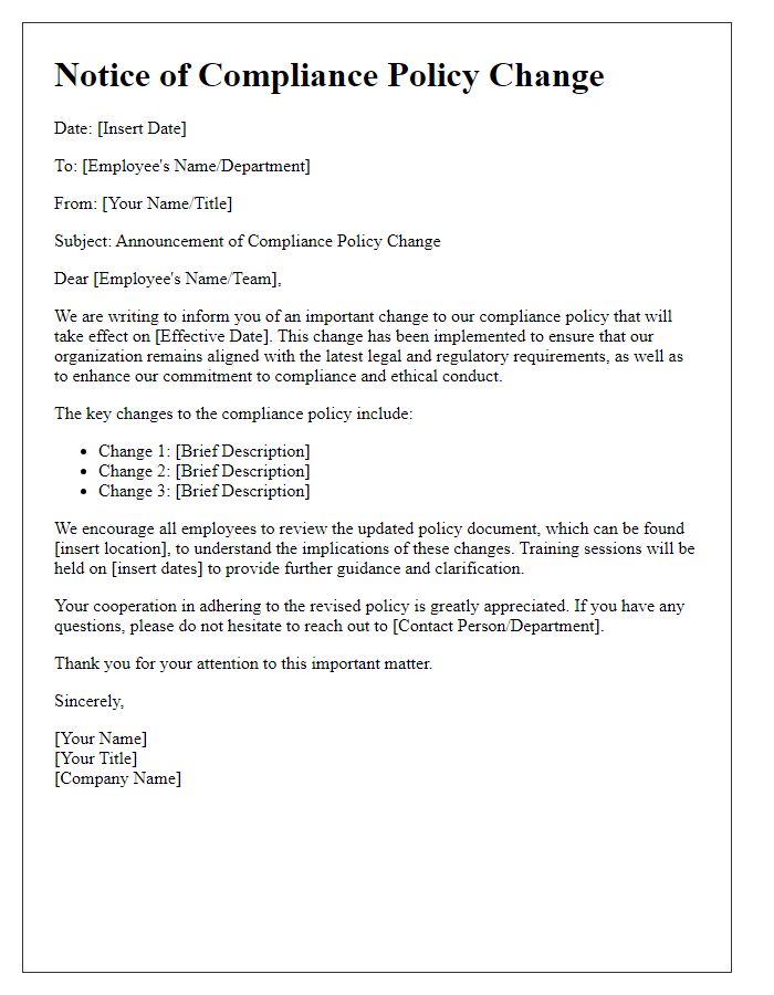 Letter template of compliance policy change announcement