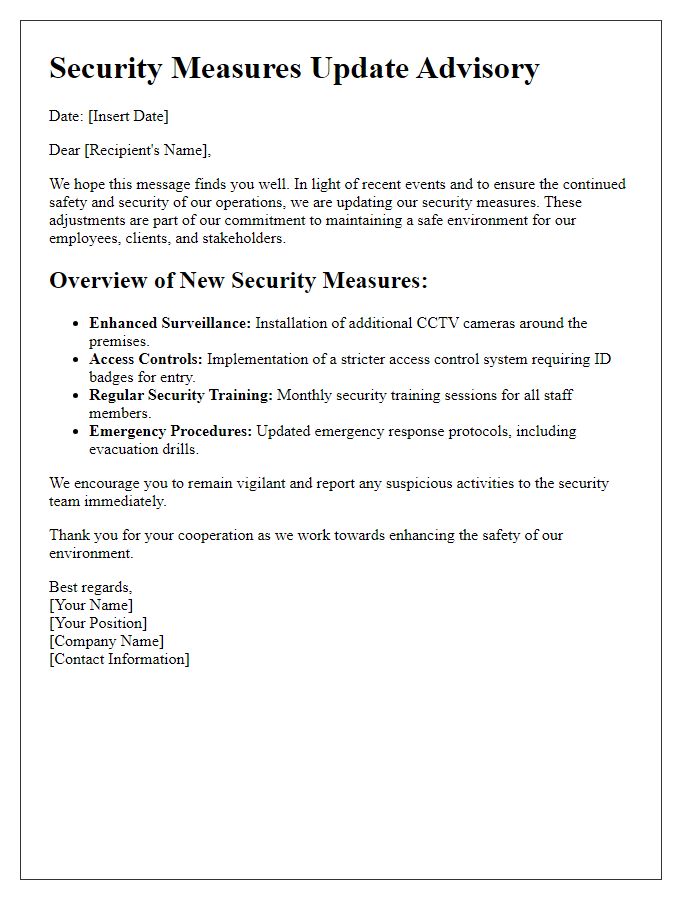 Letter template of security measures update advisory