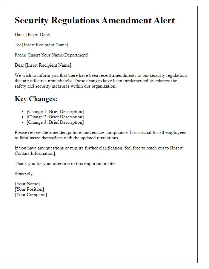 Letter template of security regulations amendment alert