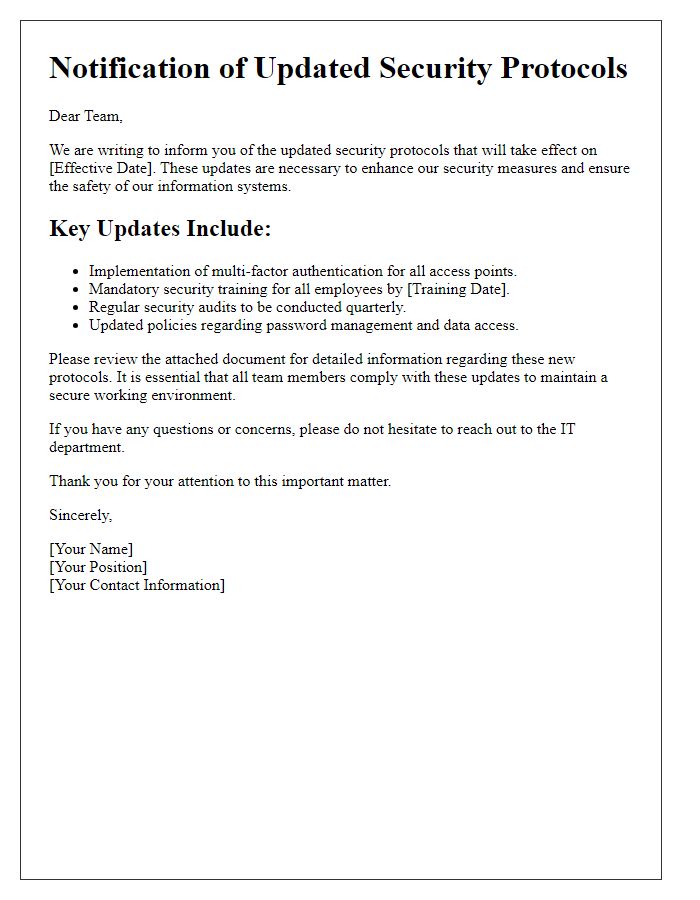 Letter template of updated security protocols notification