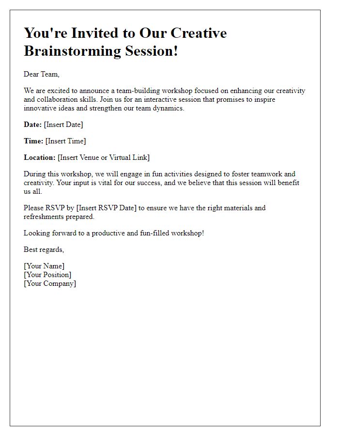 Letter template of team-building workshop invitation for creative brainstorming sessions