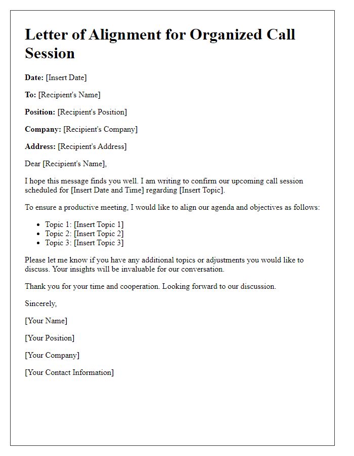 Letter template of alignment for organized call session.