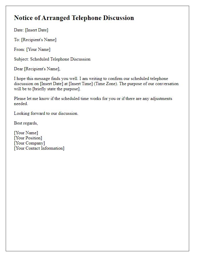 Letter template of notice for arranged telephone discussion.