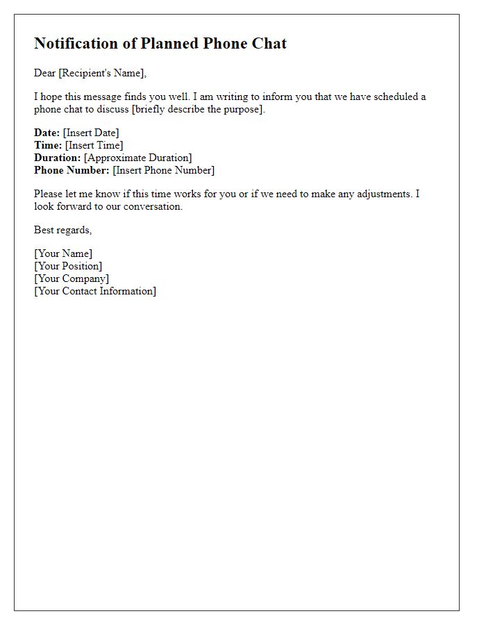 Letter template of notification regarding planned phone chat.