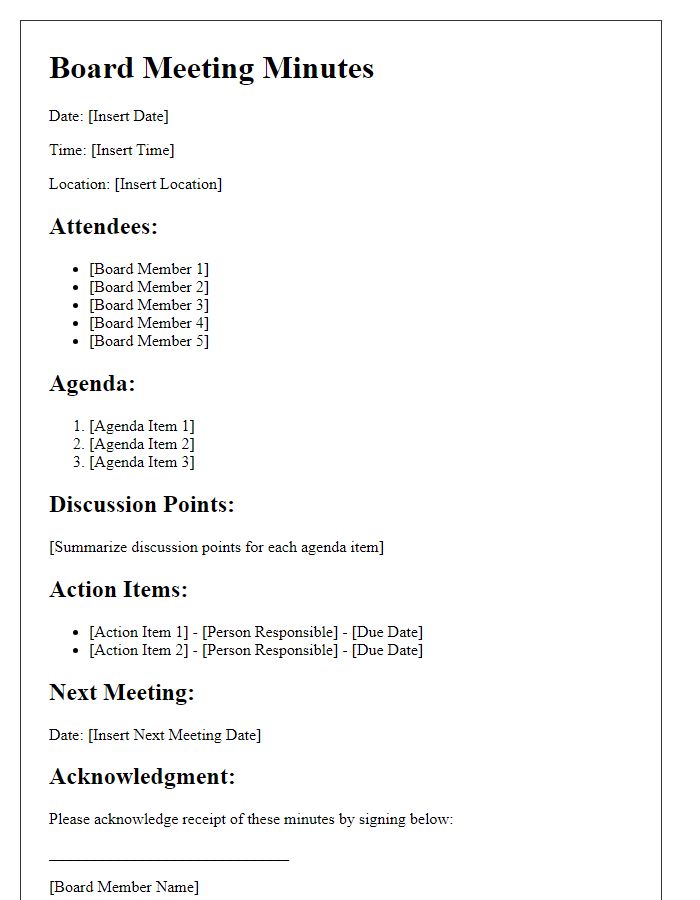 Letter template of board meeting minutes for board member acknowledgment