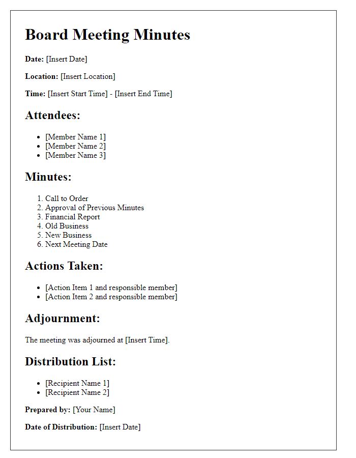 Letter template of board meeting minutes for internal review distribution