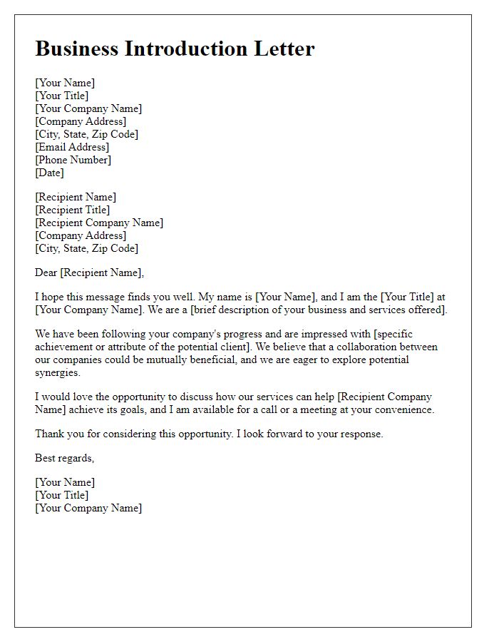 Letter template of business introduction to potential client